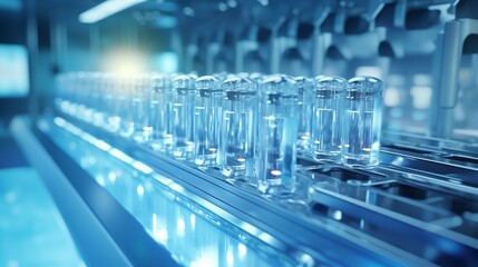 High-quality photo of medical vials moving along a production line at a pharmaceutical factory, showcasing advanced technology in medicine manufacturing.