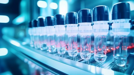 High-quality photo of medical vials moving along a production line at a pharmaceutical factory, showcasing advanced technology in medicine manufacturing.