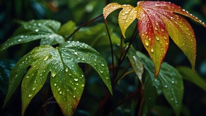 Glistening rain-soaked leaves, nature's jewels, shimmering with droplets of water that cling delicately to their velvety surfaces generated by ai