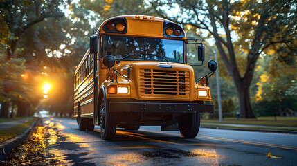 Obraz premium School bus passing on a paved road, going to pick up school children
