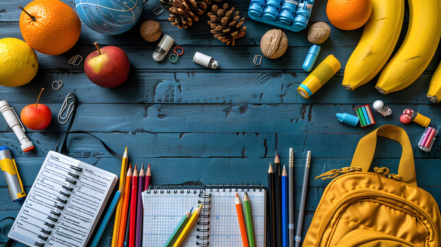 Set of school products at the edge of the image, with space for copy in the center