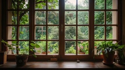 window in the background showing views of a garden generative ai