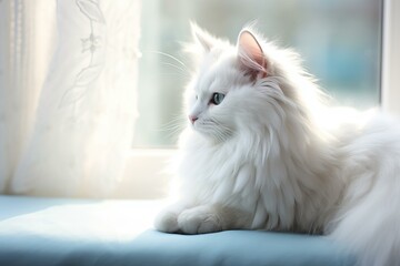 Fluffy white cat relaxing on a blue surface with natural sunlight streaming in