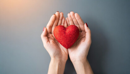 woman's palm cradles a heart against a clean background, symbolizing love, care, and emotional connection