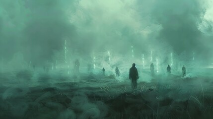 Resilient Silhouette Amid Ghostly Ethereal Figures in Moody Desolate Landscape