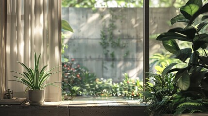 window in the background showing views of a garden generative ai