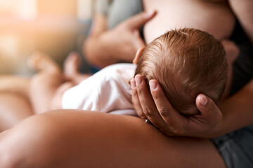 Mother, baby and breastfeeding with love in bedroom for growth development, nutrition or digestive...