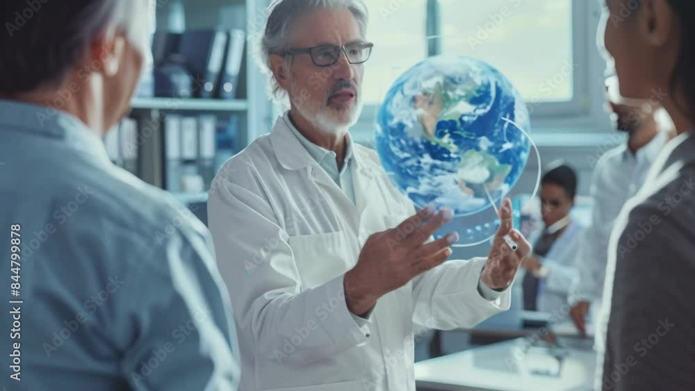 Poster senior scientist explaining a holographic globe to colleagues in a laboratory. studio indoor photogr