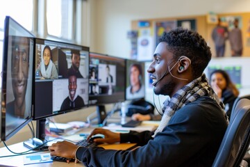 College Student Engaged in Group Project via Video Conference for Collaborative Learning
