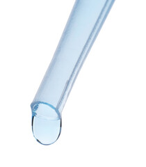 Dripping liquid from pipette isolated on white, closeup