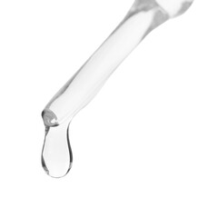 Dripping liquid from pipette isolated on white, closeup