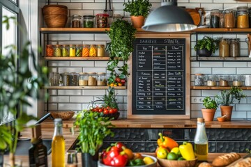 Colorful DASH Diet Menu Board with Fresh Ingredients in a Modern Kitchen Setting