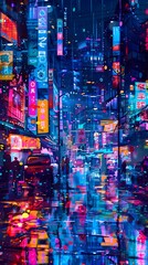 Surreal Cityscape with High Contrast Film Noir Atmosphere and Moody Neon Lighting