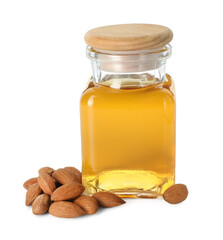 Bottle of almond oil and fresh nuts isolated on white