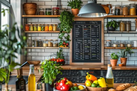 Colorful DASH Diet Menu Board with Fresh Ingredients in a Modern Kitchen Setting