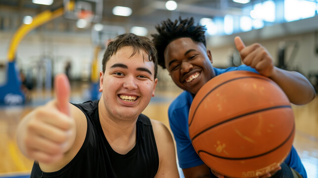 Two happy young individuals, one with down syndrome, giving a thumbs up and smiling on a basketball court