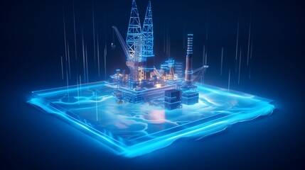 Hologram of an oil rig on a blue background, oil platform isometric model.