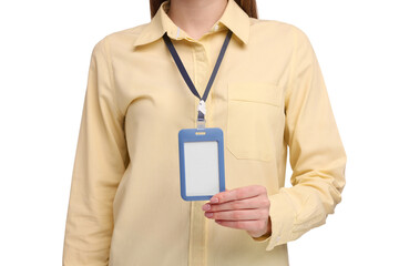 Woman with blank badge on white background, closeup