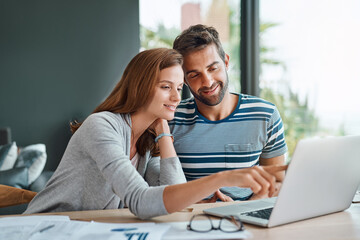Home, couple and laptop for finance, budget and planning for income, investment and research for...