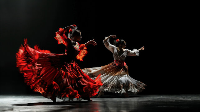 Two women wearing traditional flamenco dresses are dancing on stage with a black background