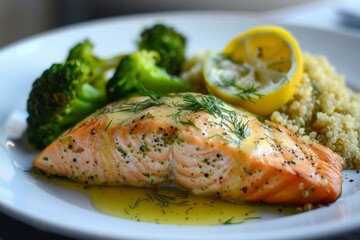 Healthy Baked Salmon with Quinoa, Steamed Broccoli, and Lemon Dill Sauce for Nutritional Meal