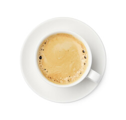 Tasty coffee with foam in cup isolated on white, top view