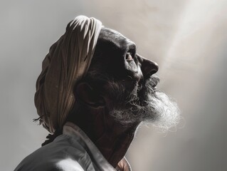 Man dark skin wearing skinny old man with beard, full body short, old dresses and turban 