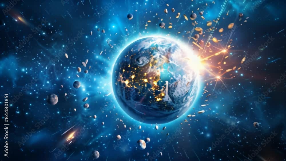 Poster Planet Earth impacted by an asteroid in outer space. High-resolution space photography. Astronomy and cosmic event concept. 