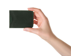 Obraz premium Woman holding leather business card holder on white background, closeup