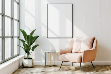 A stylish modern living room features a pastel pink armchair positioned next to a small white side table. The room is bathed in natural light from a large window, with a green potted plant adding a to