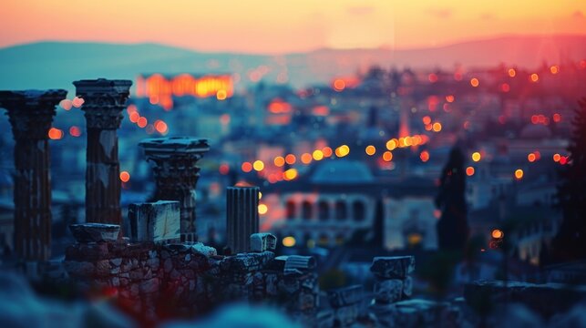 Softly defocused silhouettes of ancient ruins stand in stark contrast to the vibrant colors of a bustling city serving as a reminder of the coexistence of modernity and history. .