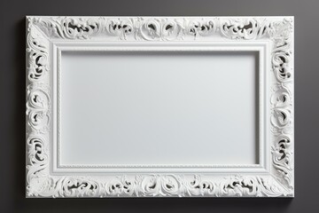Classic white ornate picture frame with intricate details, isolated on a gray backdrop