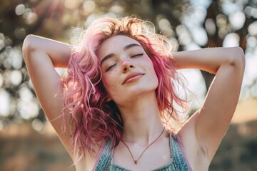 Naklejka premium smiling happy woman with pink hair 