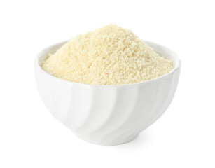 Fresh almond flour in bowl isolated on white