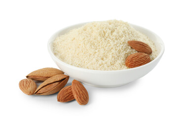 Fresh almond flour in bowl and nuts isolated on white