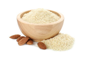 Fresh almond flour, nuts and bowl isolated on white