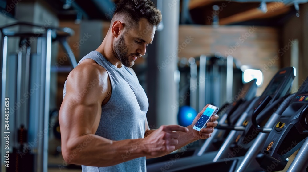 Poster fit individual monitoring intermittent fasting app while running on treadmill in modern gym