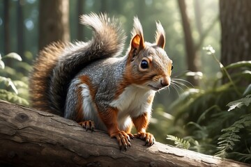 Fototapeta premium Curious squirrel sitting on the tree in the forest close up portrait. Wild fauna, Natural habitat
