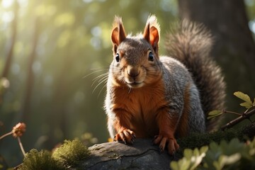Obraz premium Curious squirrel sitting on the tree in the forest close up portrait. Wild fauna, Natural habitat