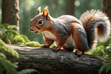 Obraz premium Curious squirrel sitting on the tree in the forest close up portrait. Wild fauna, Natural habitat