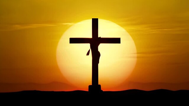 Silhouette of Crucifixion at Sunset - A stark silhouette of cross against a dramatic golden sunset. The image evokes a sense of sacrifice, redemption, and the eternal hope found in Christian faith.  