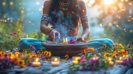 Shaman woman wearing ethnic clothes, sitting cross legged in the forest, performing a magic ritual by adding herbs into a burning fire