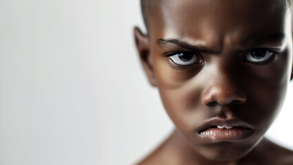 5 years old black male, angry expression, copy space