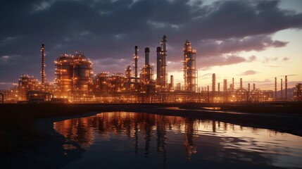 Obraz premium Industrial plant pipes and infrastructure at dusk.