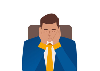 Boring office worker vector illustration. A low-energy office worker, hand on his chin, sits bored and sleepy at his work