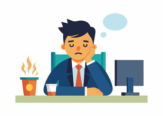 Boring office worker vector illustration. A low-energy office worker, hand on his chin, sits bored and sleepy at his work