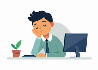 Boring office worker vector illustration. A low-energy office worker, hand on his chin, sits bored and sleepy at his work
