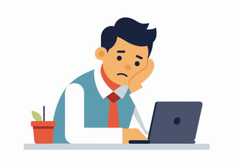 Boring office worker vector illustration. A low-energy office worker, hand on his chin, sits bored and sleepy at his work