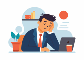 Boring office worker vector illustration. A low-energy office worker, hand on his chin, sits bored and sleepy at his work