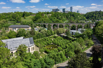 Beautiful panoramic view of Old town and Kirchberg district in North-eastern Luxembourg City. Grand Duchy of Luxembourg.